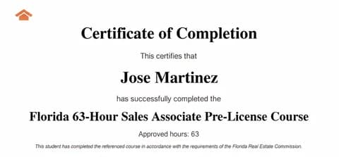 Sample Casa Academy certificate of completion for the Florida 63-Hour Sales Associate Pre-License Course, showing the student name and 63 approved hours